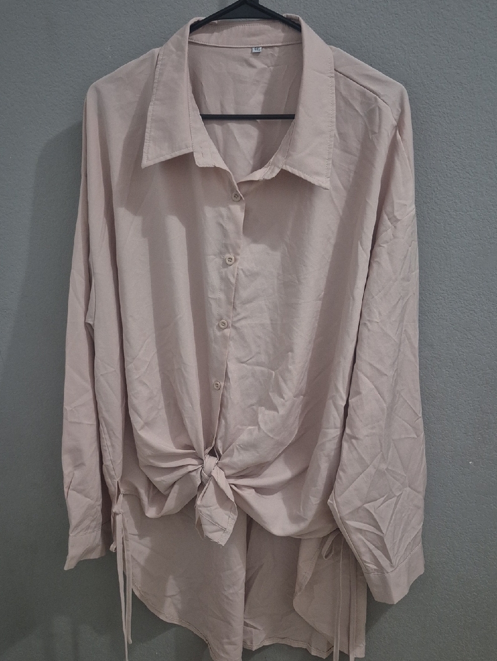 Relaxed Tie-Front Long Sleeve Shirt - Beige